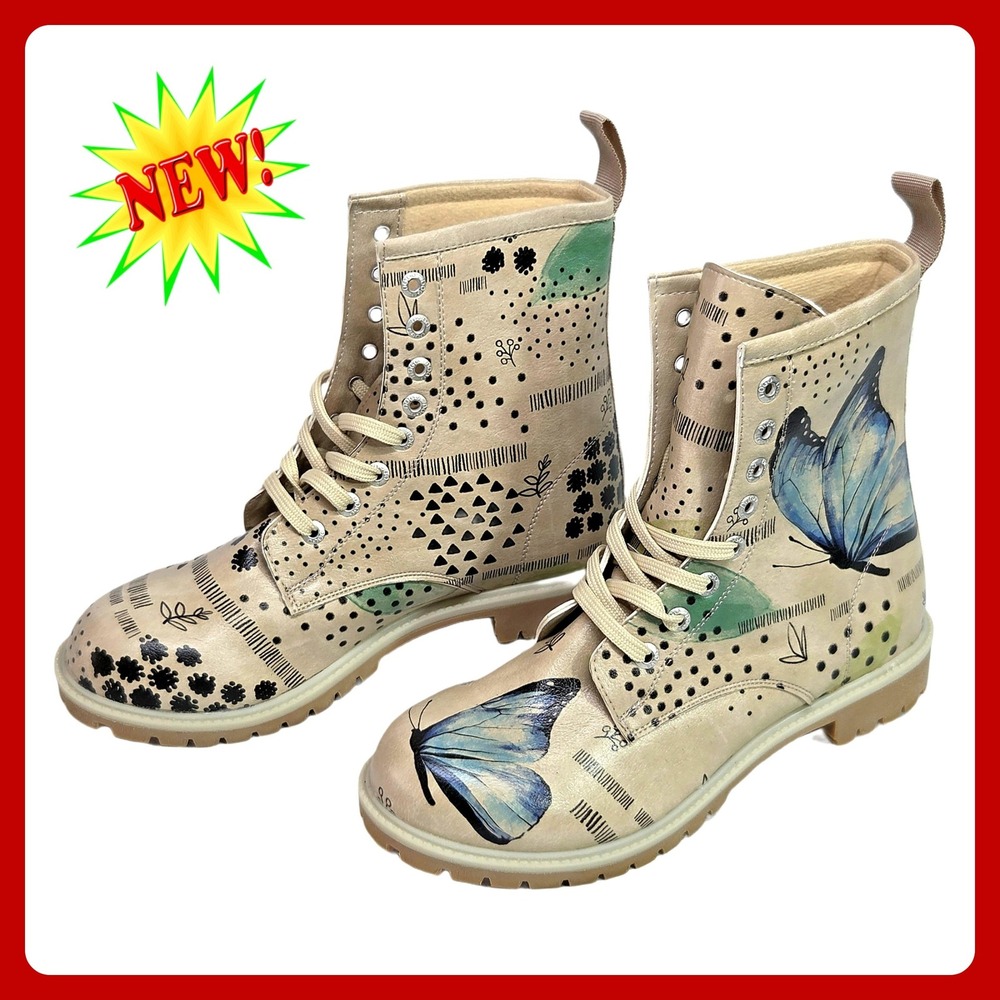 DOGO Butterfly Combat Boots Beige Vegan Leather‎ Graphic Print US 8.5 EU 39
